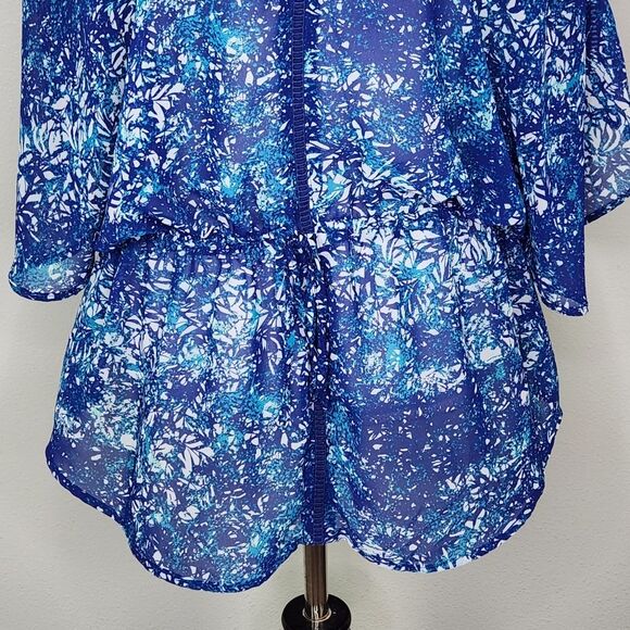 a.n.a Blue Tropical Print Chiffon Semi Sheer Kimono Sleeve Blouse Size XL - Picture 3 of 13
